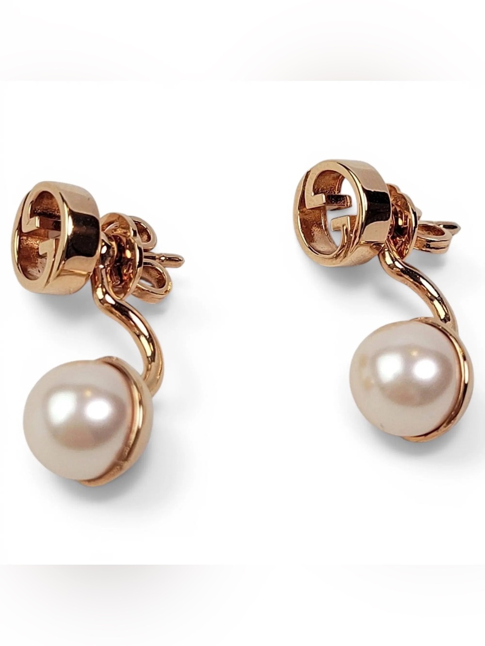 Gucci Blondie Round Interlocking G Resin Pearl Earrings (Rose Gold) $450 Retail
